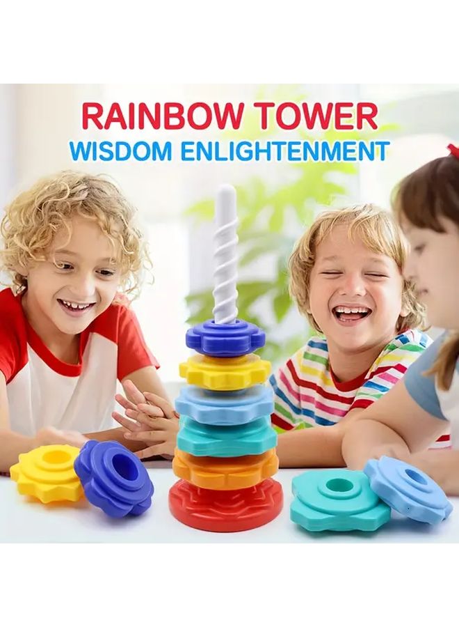 لعبة برج دوار للتراص بألوان قوس قزح التعليمية هدية لمهارات الحركة الدقيقة - Image 1